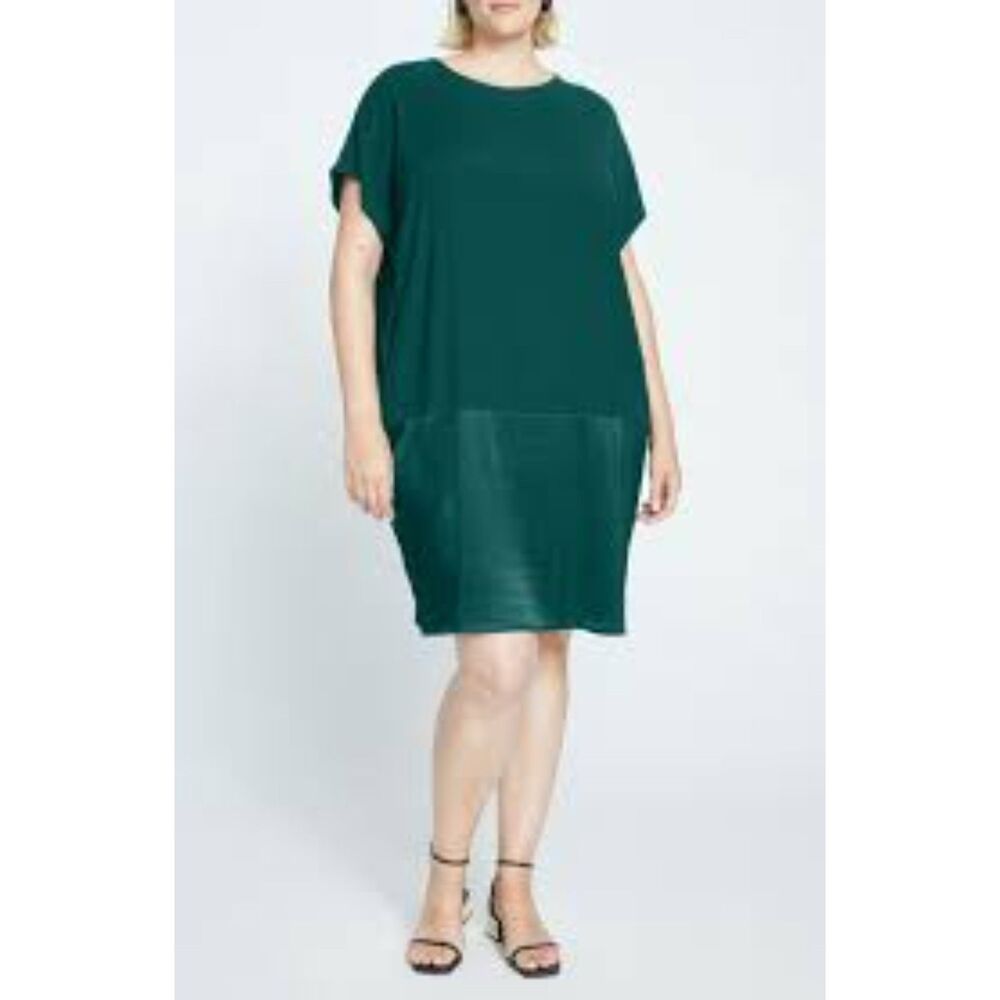 UNIVERSAL STANDARD Geneva Midi Satin Draped Short Sleeve in Spruce Dress Size M